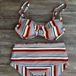 BRAND NEW Loft High Waisted Red White and Blue Striped Bikini Swimsuit XS/S